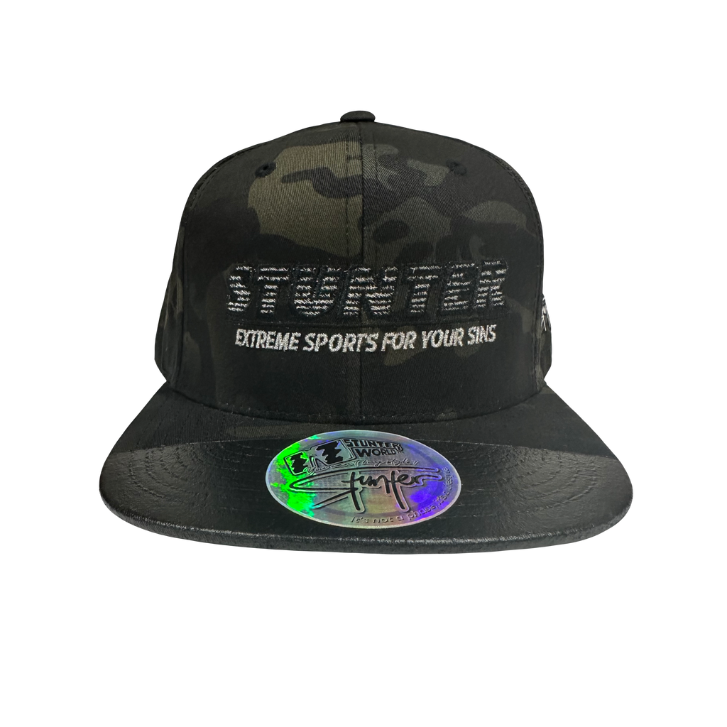 STUNTER WORLD "RED FLAG CONNOISSEUR" Silicone Brim Tip Snapback (Night Camo)