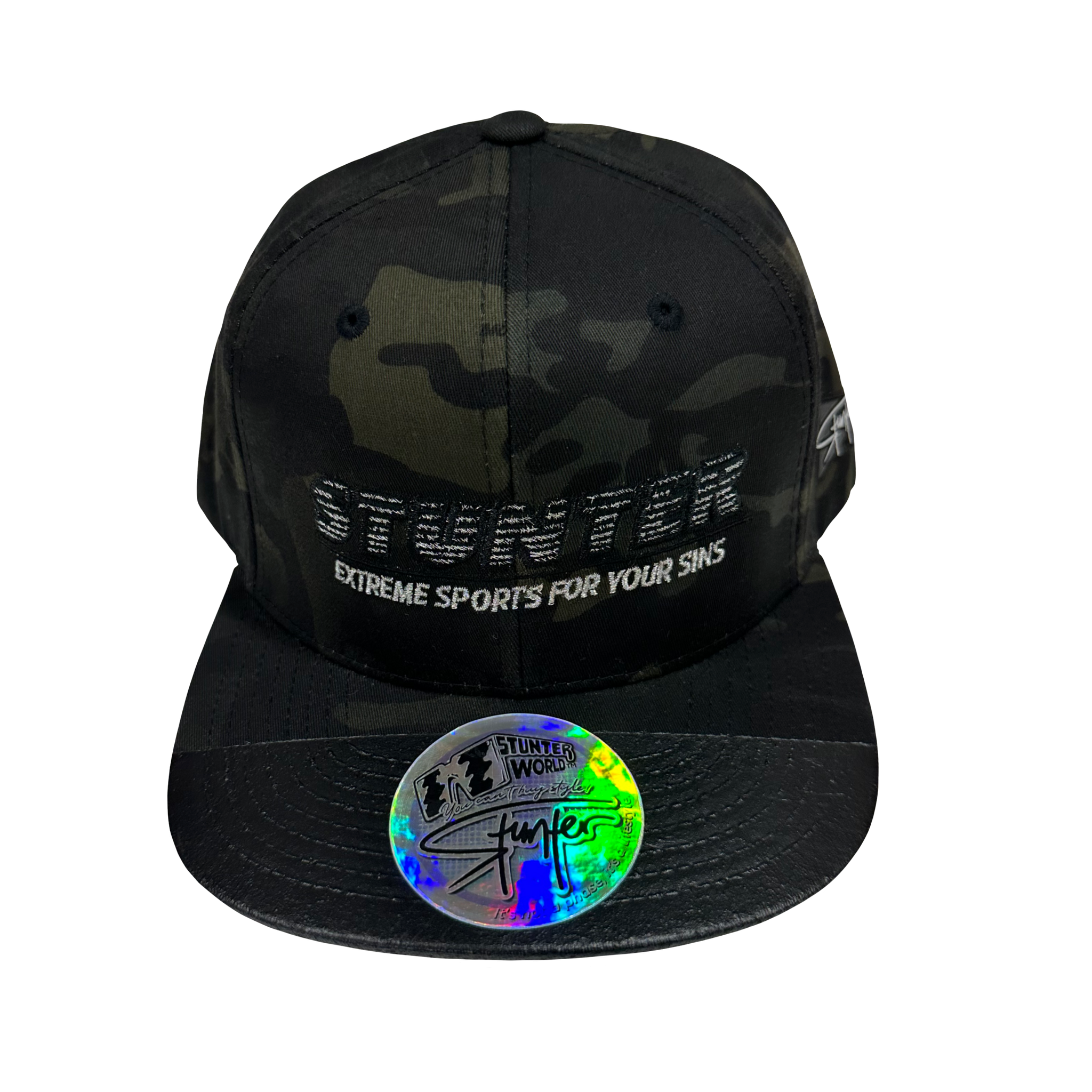 STUNTER WORLD "RED FLAG CONNOISSEUR" Silicone Brim Tip Snapback (Night Camo)