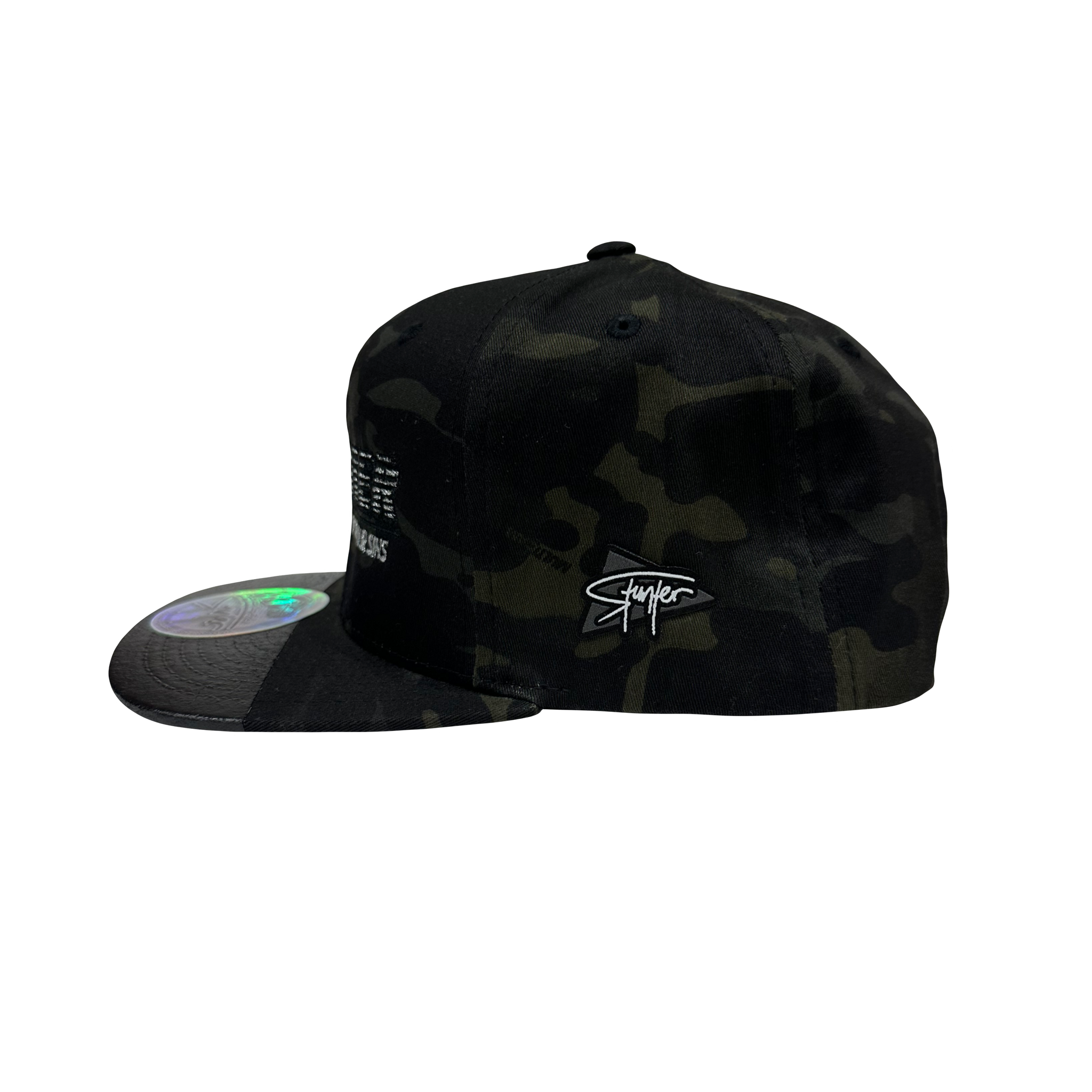 STUNTER WORLD "RED FLAG CONNOISSEUR" Silicone Brim Tip Snapback (Night Camo)