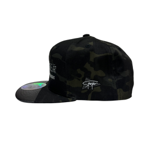 STUNTER WORLD "RED FLAG CONNOISSEUR" Silicone Brim Tip Snapback (Night Camo)